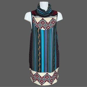 Funky People Bohemian Geometric Print Sleeveless Turtleneck Shift Dress Large